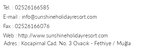 Sunshine Holiday Resort telefon numaralar, faks, e-mail, posta adresi ve iletiim bilgileri